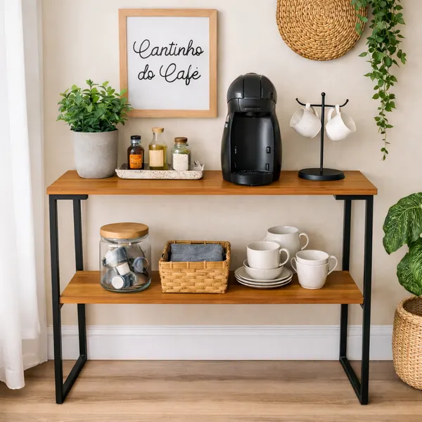 Aparador Industrial Mesa Buffet Balcão Multiuso Decorativo para Sala Cantinho do Café 2 Prateleiras