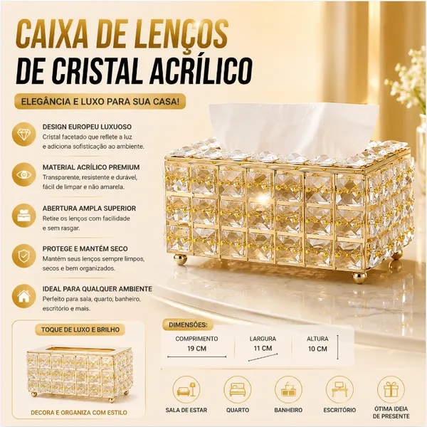 Caixa Porta Lencos de Papel Cristal Acrilico Estilo Luxo Europeu Sala de Estar