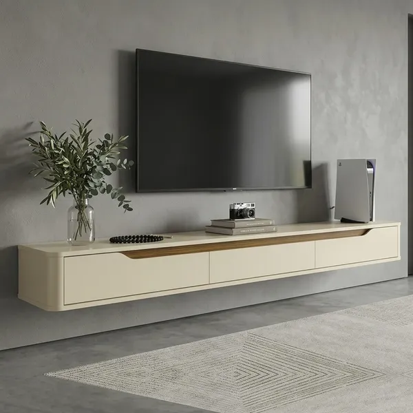 Rack Suspenso Slim Curvo 220cm para TV Até 70” Moderno Luxo com Portas Basculantes - Olivar Móveis