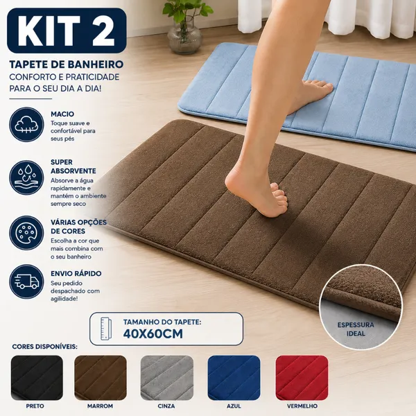 Kit com 2 Tapete Antiderrapante Absorvente Banheiro Quarto Macio Soft Secagem Rapida 60x40