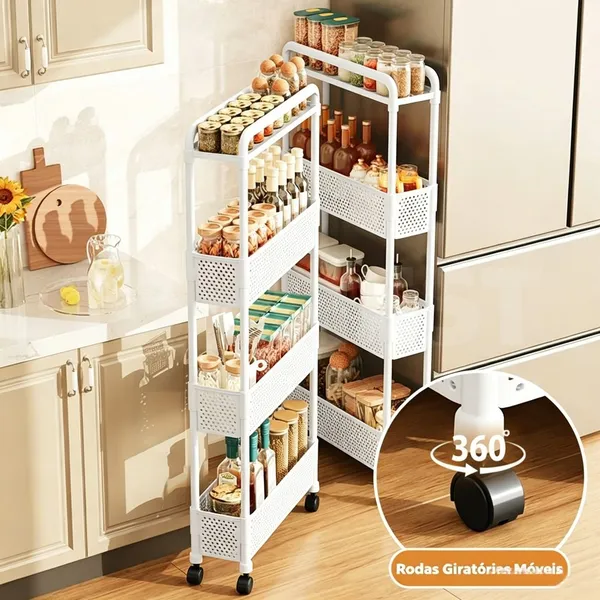 Prateleira estreita com rodas, carrinho de armazenamento 3/4 níveis, ideal para espaços pequenos entre geladeira e móvei
