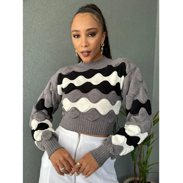 Blusa Tricot Feminina Inverno Alto Relevo Bolhas Gola Baixa Tipo Cacharrel
