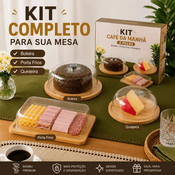 Kit Café da Manhã Boleira Bambu + Porta Frios Bambu + Queijeira Em Bambu Tampa Acrílico Mesa Posta