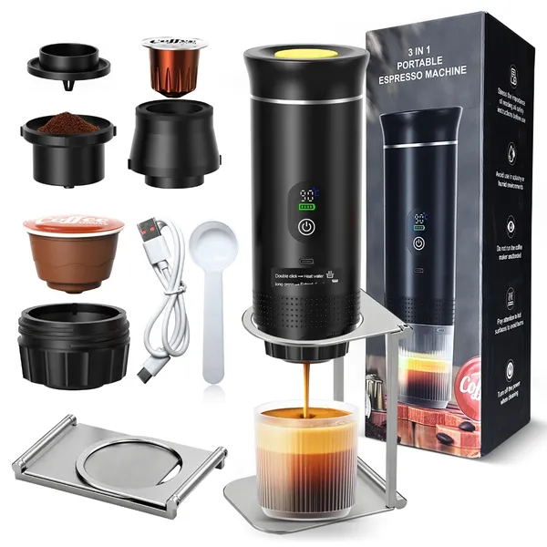 Máquina de Café Portátil 3 em 1 com Extração de Alta Pressão, Suporta Cápsulas e Pó de