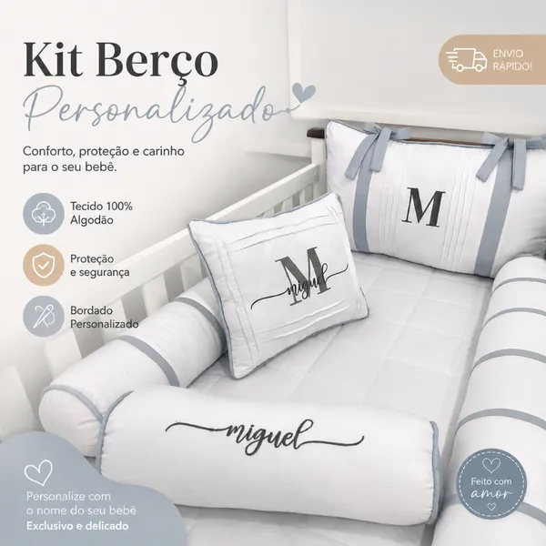 Kit Berço Americano Rolinho Personalizado com Nome do Bebê | Diversas Cores e Modelos