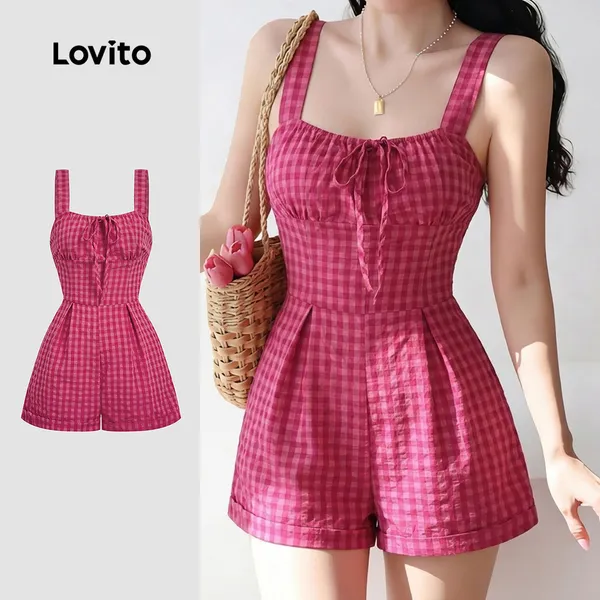 Lovito Macacão Casual com Laço Macacão Rosa Primavera/verão para mulheres L184ED262