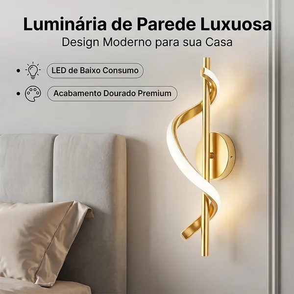 Arandela LED Espiral 40cm Dourado 10W 3000K Bivolt Parede Moderna – NÃO Recarregável / precisa ligar na tomada