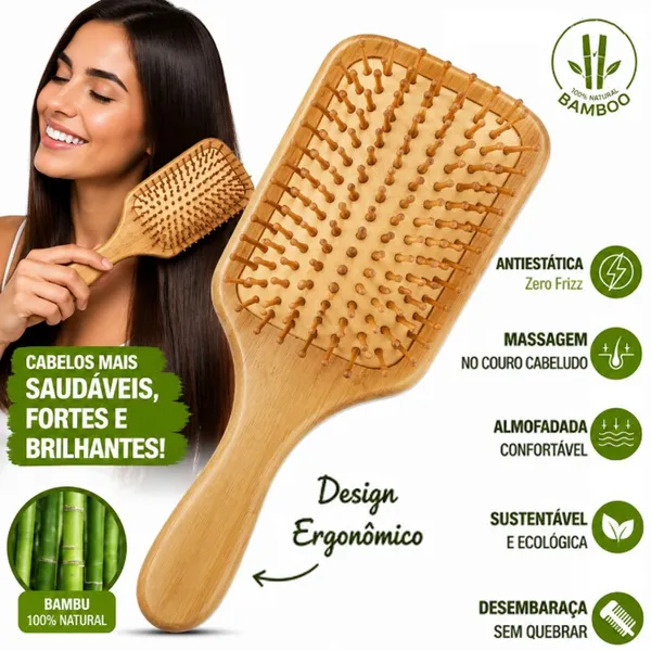 Escova de Cabelo de Bambu Natural Antiestática com Almofada de Ar e Massagem no Couro Cabeludo