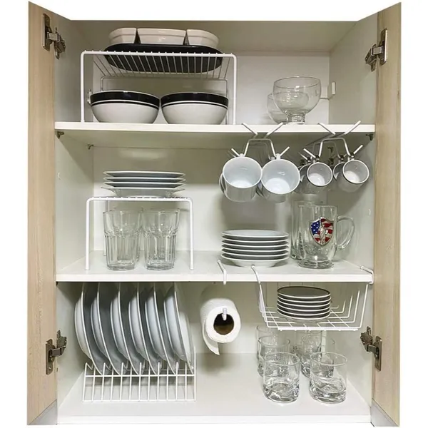 Kit Organizador de Armário Aramado de Cozinha Suporte de Prato Xícara Cesto 7 Peças