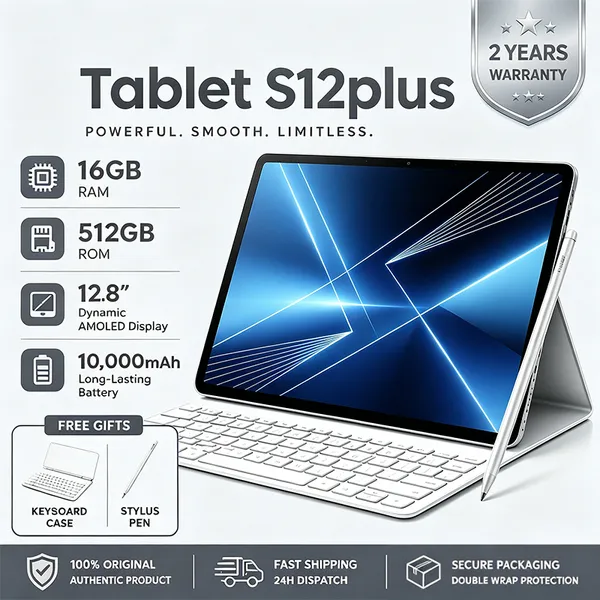 Tablet S12 Plus Combo com Teclado e Mouse -12.8"inch 16GB+512GB Android 15 com10000mAh Ideal para Estudos e Jogos
