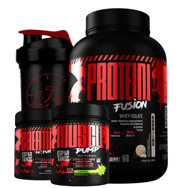 KIT WHEY PROTEIN ISOLADO FUSION + PRÉ TREINO MUSCLE PUMP + CREATINA PURA + SHAKER - FITNESS MASSA