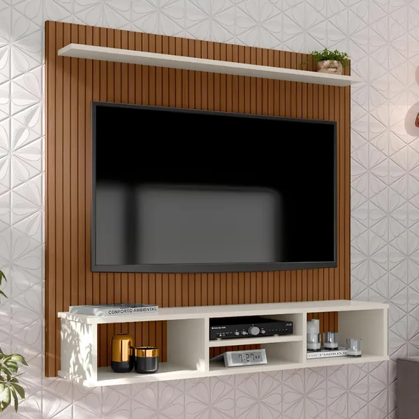 Painel Ripado para TV até 50 Polegadas com Nicho e Prateleira Suspensa para Quarto Sala Home