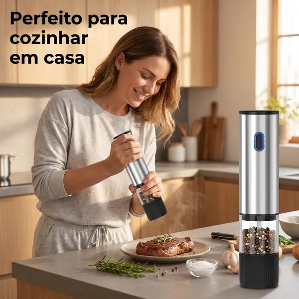 Moedor Elétrico Sal Pimenta Recarregável USB Aço Inox Câmara Transparente Moagem Ajustável Um Toque Higiênico