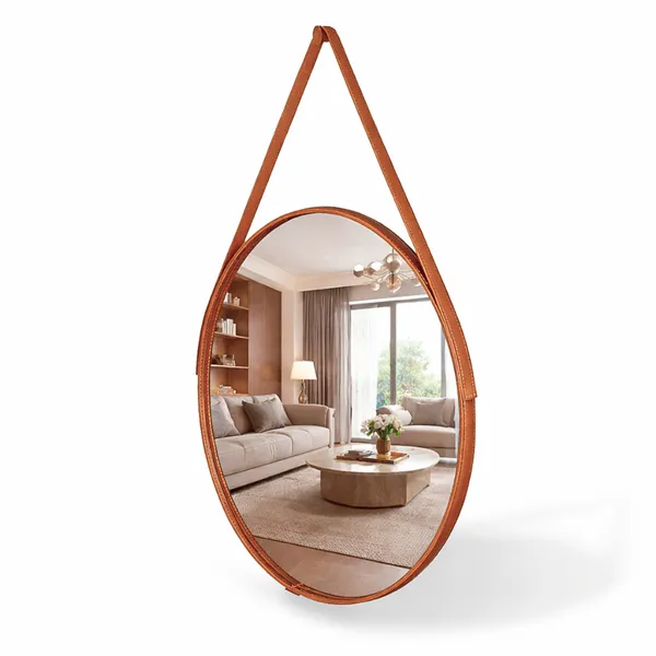 Espelho Redondo Decorativo Adnet Alça Couro Suporte 60cm Sala Quarto Banheiro