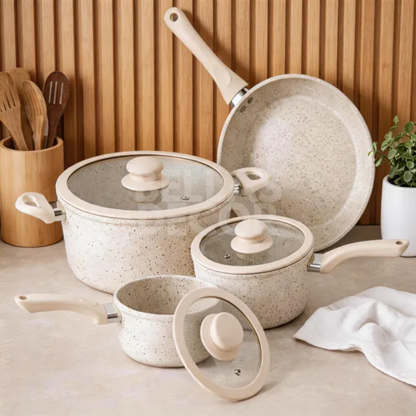 Kit Jogo Panelas 4 Peças Revestimento Cerâmica Marmorizado Creme Antiaderente Premium Tampas Vidro Organização Cozinha