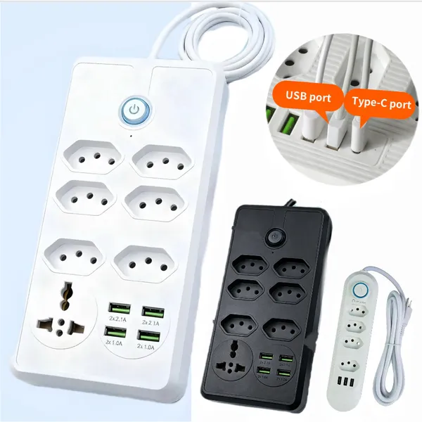 Extensão 6 Tomadas com 3 USB e TypeC Universal Bivolt 110v/220v 2500W Power 2m Filtro De Linha Segurança