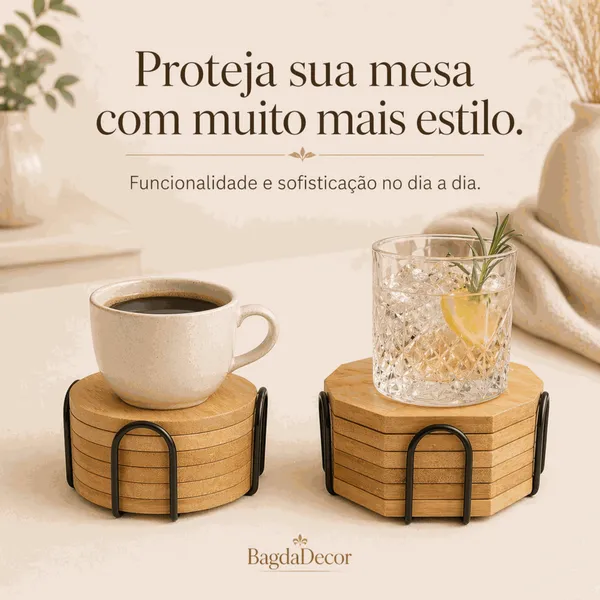 Porta Copo Bambu Redondo com Suporte de Ferro 4 ou 6 Unidades para Mesa, Cozinha, Sala e Bar