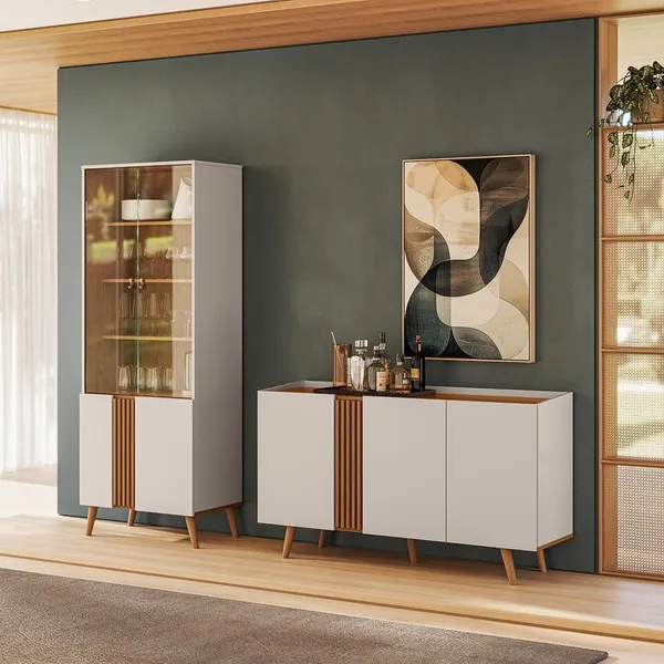 Conjunto Sala de Jantar Capri - Buffet 3 Portas + Cristaleira 2 Portas de Vidro  - Colibri Móveis