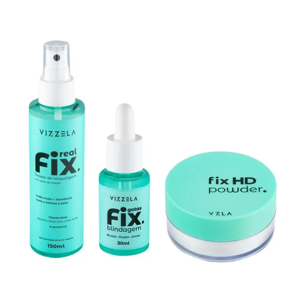 Kit Spray Real Fix 150 ml + Gotas Fix + Fix Hd Powder Vizzela Original