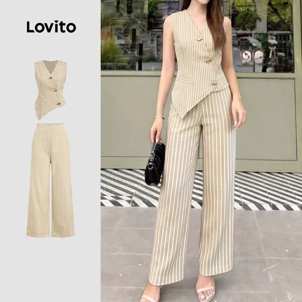 Lovito Elegantes Tops ou Calças de Metal com Botão Assimétrico Marrom Primavera/verão para Mulheres LK6LD343