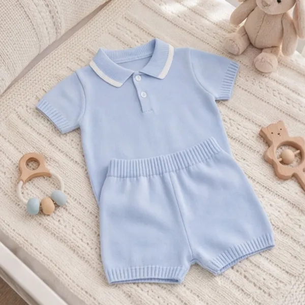 Conjunto Tricot Premium Bebê Menino Blusa Polo Manga Curta Shorts Clássico Elegante