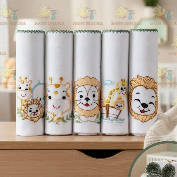 Kit 5 Fraldas de Pano Para Bebê Bordadas 70x70cm Tecido Duplo 100% Algodão Menino Menina