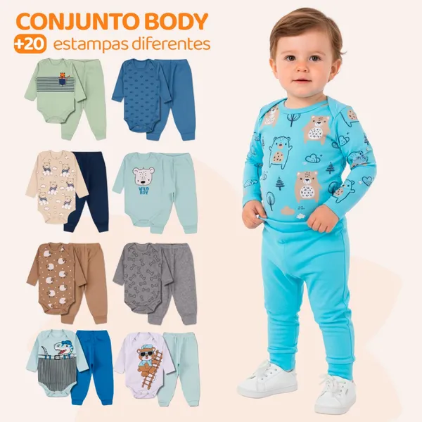 Kit 8 Peças de Roupas para Bebê Menino (4 Body Longo + 4 Calça Mijão)Kit 4 Conjunto Body + Calça Roupa Infantil Bebê