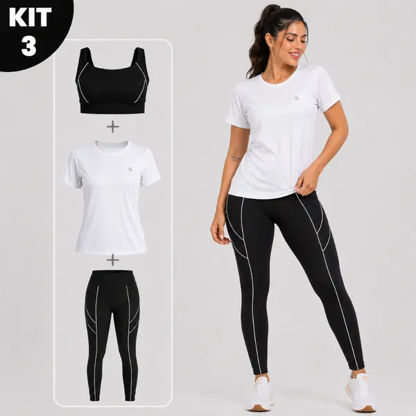Conjunto Fitness Feminino 3 Peças Legging Cintura Alta + Top + Camisa Dry Fit Academia Zero Transparência