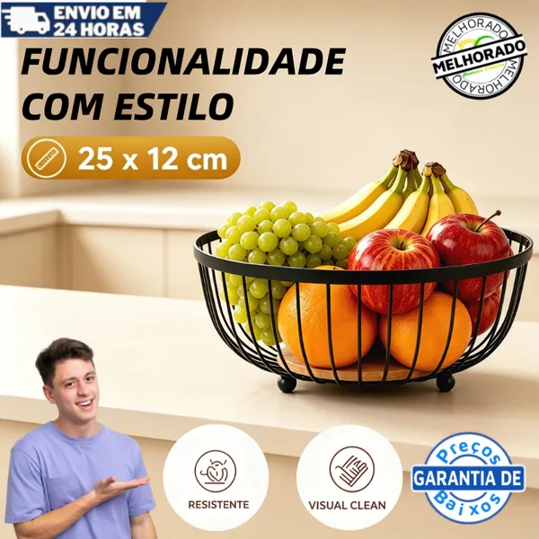 Fruteira de Mesa Rustica de Ferro e Bambu para Café da Manhã Multiuso de Metal Preto para Mesa