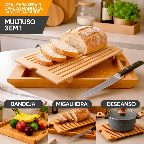 Tábua de Corte Migalheira de Bambu Para Pão Bolo Com Bandeja Coletora Multiuso