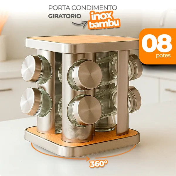 Porta Temperos Giratório Inox e Bambu com 8 Potes