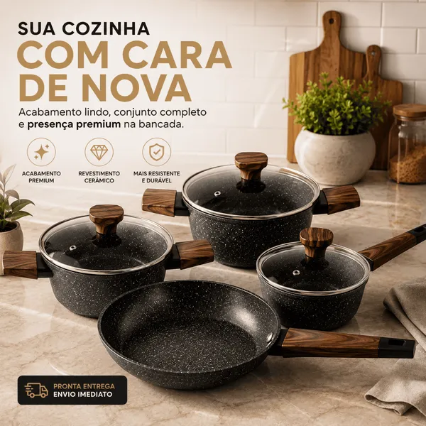 Jogo de Panelas Antiaderentes 4/5 Peças com Revestimento Cerâmico Para Indução/Gás Tampa de Vidro INMETRO