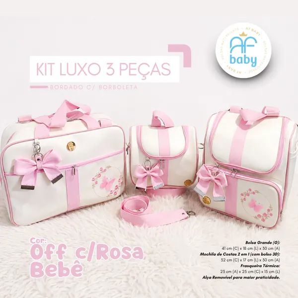 kits Maternidade 3 Peças Menina e Menino l Mala | Mochila l Frasqueira Bordado com Borboleta