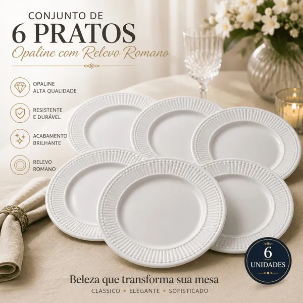 Kit 6 Pratos Rasos Opaline Branco Redondo 27cm Duralex para Restaurante Buffet Hotel Almoço e Jantar
