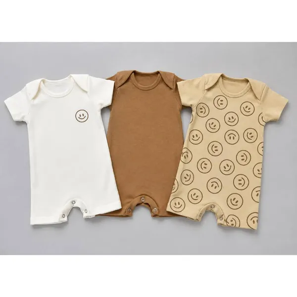 Kit 3 Romper Minimalista Macacão Infantil Liso Estampado Manga Curta