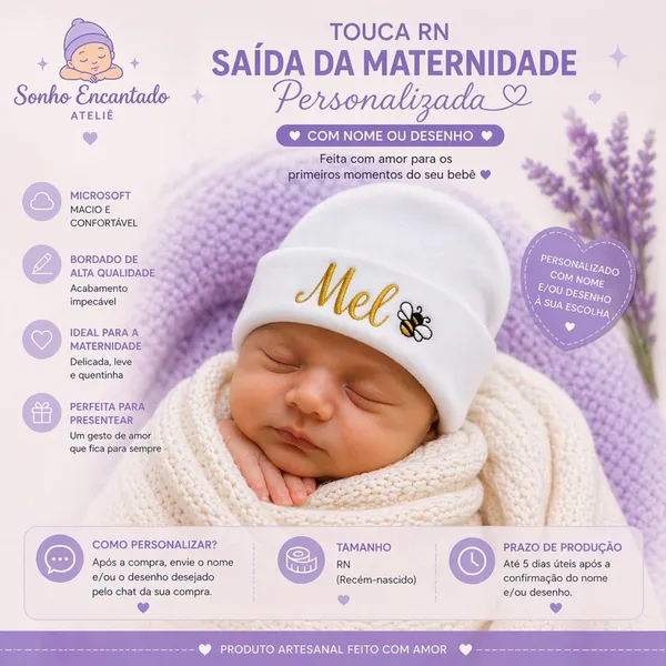 TOUCA RN personalizada com NOME para Saída maternidade
