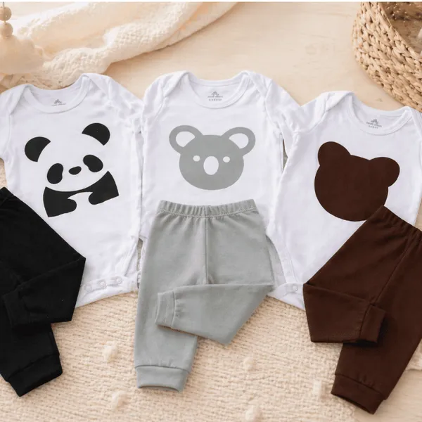 Kit 6 Peças Body + Calça Bebê Suedine 100% Algodão — Panda, Coala e Urso — RN ao GG