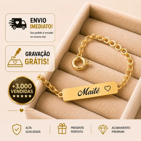 Pulseira Infantil RN Bebê Personalizada Com Gravação Nome Banhada A Ouro 18k Prata