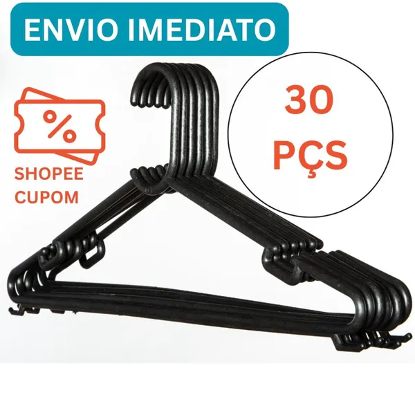 30 Cabide Adulto Preto Reforçado Organizar Roupas