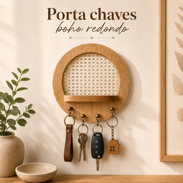 Porta Chaves Redondo Boho em MDF com Prateleira | Charmoso e Funcional