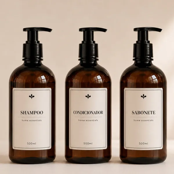 Frascos para shampoo, condicionador e sabonete 500ml âmbar kit para banheiro