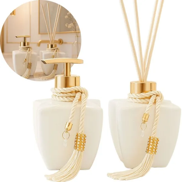 KIT VIDROS LAVABO BRANCO LUXO C/ ENFEITE DIFUSOR E SABONETE