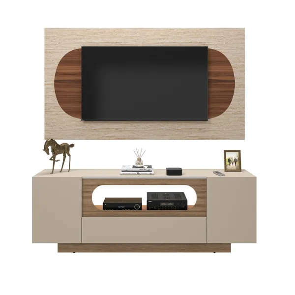 RACK MODERNO TV 60" OFF WHITE LAMINA NATURE COM LED NICHO OVAL DECORATIVO 2 PORTAS 1 GAVETA DESIGN MODERNO