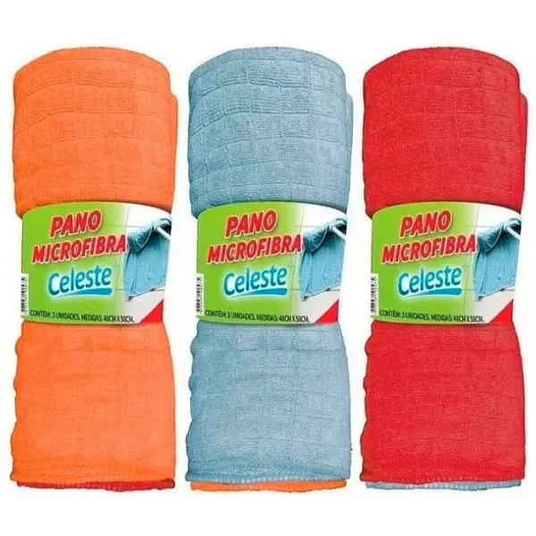 kit 3 Panos Microfibra Celeste 48x58 Limpeza Multiuso Chão Carro Prato Vidro Móveis