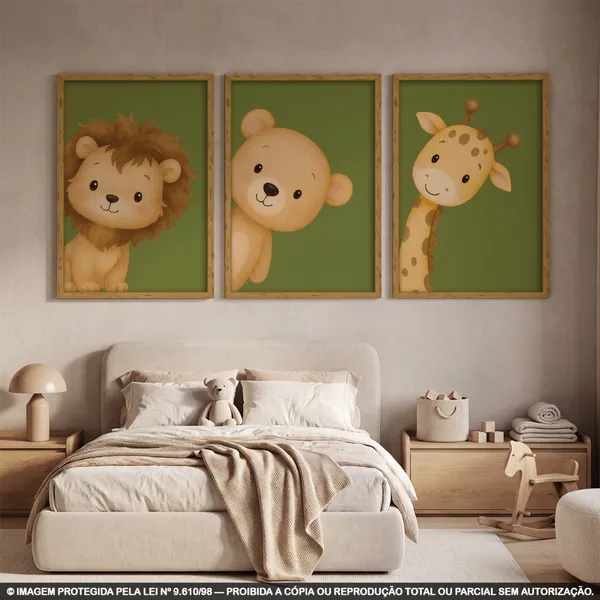 Trio Quadros Infantis Animais - Decoração Quarto de Criança ou Bebê | Kit 3 Peças | Decoração
