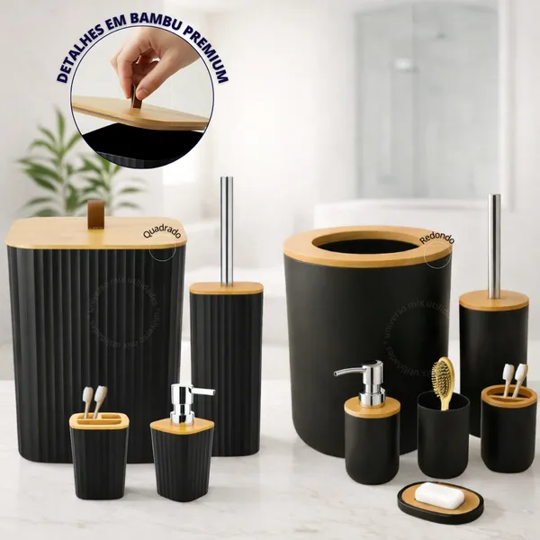 Kit Banheiro Completo Lixeira C/ Tampa Detalhes  Em Bambu Luxo