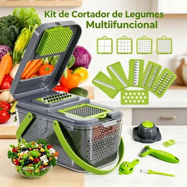 Kit de Cortador de Legumes Multifuncional Com Múltiplas Lâminas Intercambiáveis para Preparo de Alimentos na Cozinha