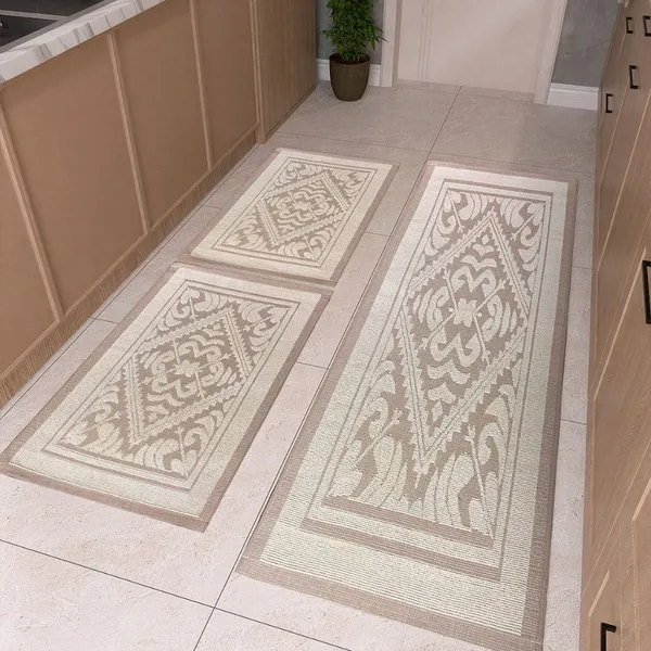 Kit 3 Peças Tapetes E Passadeira em Tear Para Cozinha Cosy Jacquard Luxo