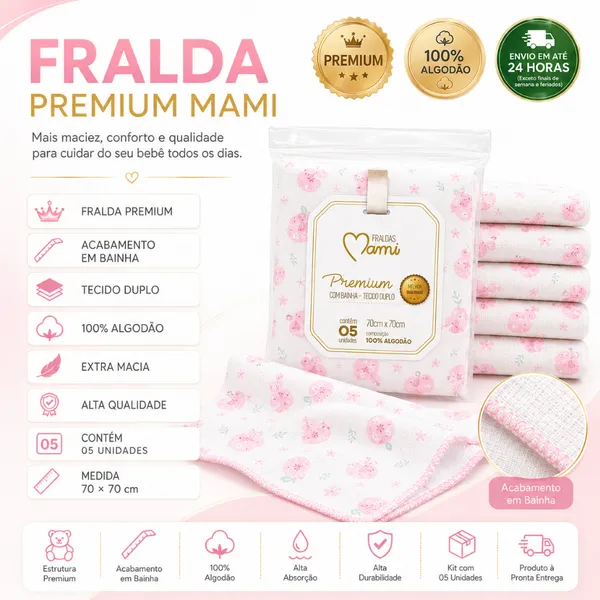 KIT 5 FRALDAS MAMI PREMIUM OU LUXO COM BAINHA 70x70cm