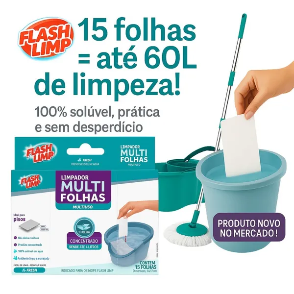 Limpador Multi Folhas Solúvel Refil 15un  Mop Limpeza P Pisos Desinfetante Desengordurante Multiuso